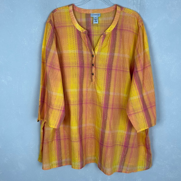 Catherines plus size 3X popover top yellow pink plaid 3/4 sleeve cotton metallic - Picture 1 of 10